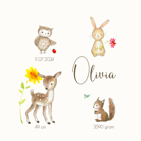 Lief geboortekaartje meisje met bosdieren hertje uil