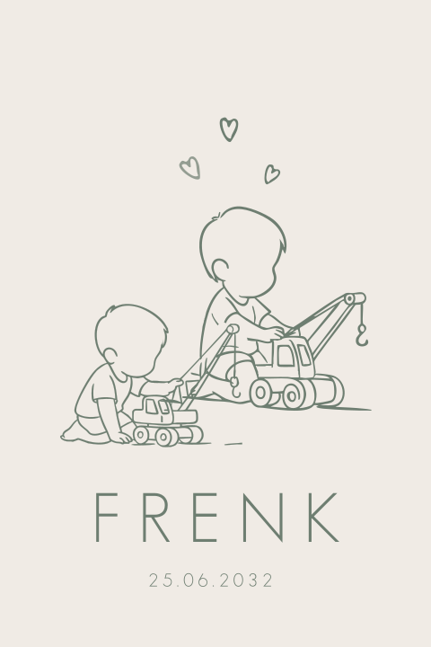 Geboortekaartje tweede kindje spelend met hijskranen lijntekening