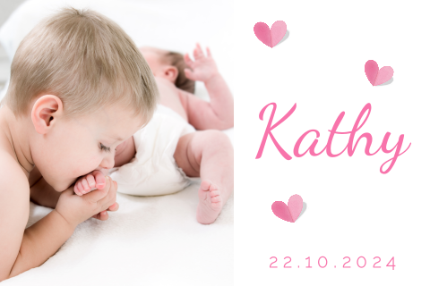 Geboortekaartje met roze hartjes en foto