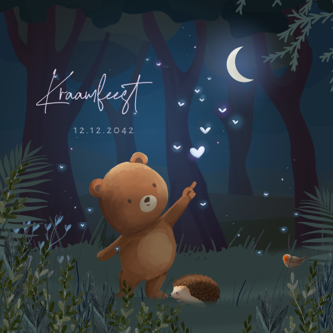 Uitnodiging kraamfeest winterliefde met een beertje in het bos