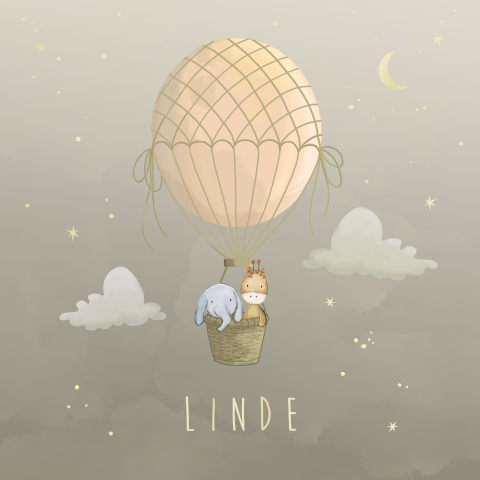 Geboortekaartje winterliefde meisje luchtballon met olifant en giraf