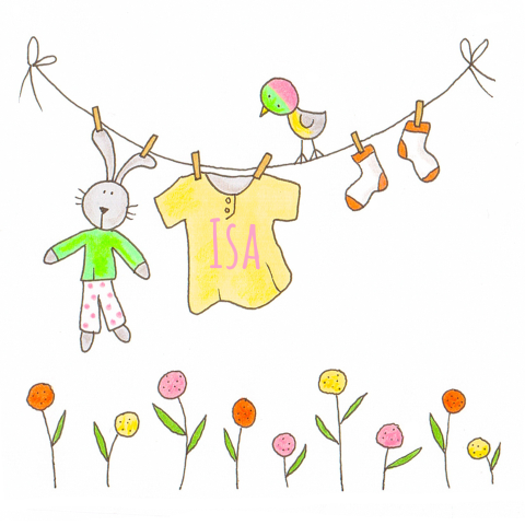 Getekend geboortekaartje voor meisje met waslijn