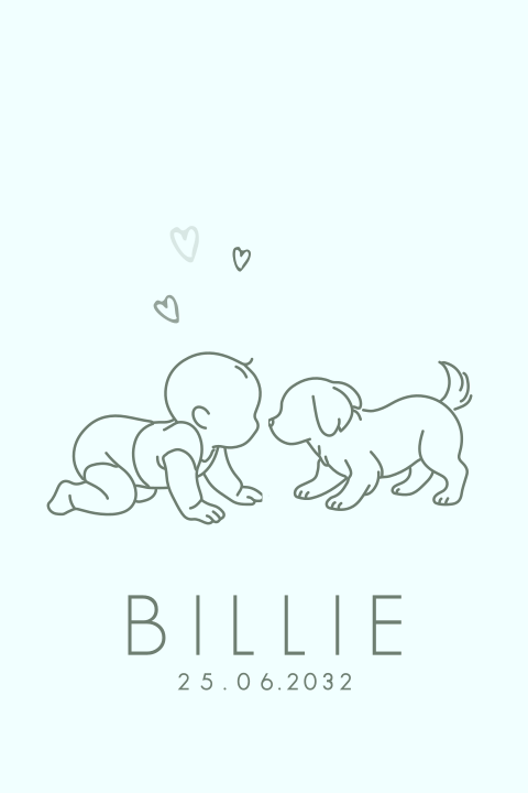 Geboortekaartje voor een jongen met baby en lief hondje in lijntekening