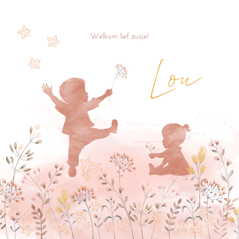Schattig meisjeskaartje met aquarel silhouet grote broer en bloemen