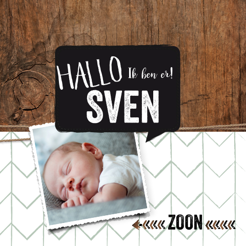 Stoer geboortekaartje zoon met foto en houtlook