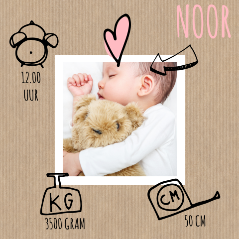 Stoere geboortekaart met foto op kraft