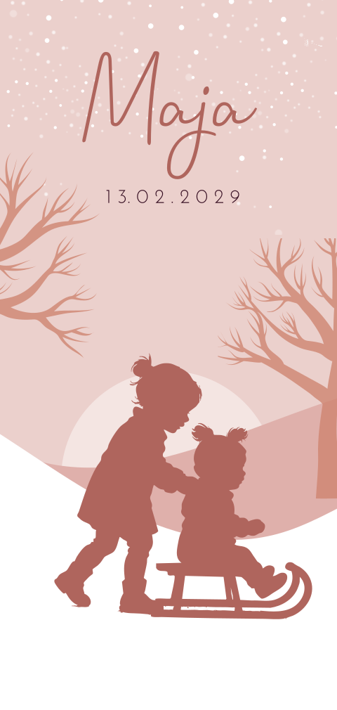 Geboortekaartje meisje sneeuw silhouet slee zusjes  winter