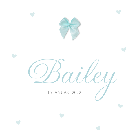 Geboortekaartje voor een jongen met blauwe hartjes en echt strikje