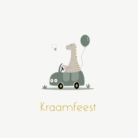 Kraamfeest uitnodiging jongen dino in auto blauwgroen