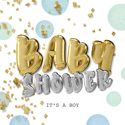 Hippe uitnodiging babyshower groen blauw folie ballon