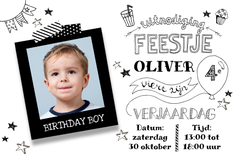 Uitnodiging kleuterverjaardag in zwart wit