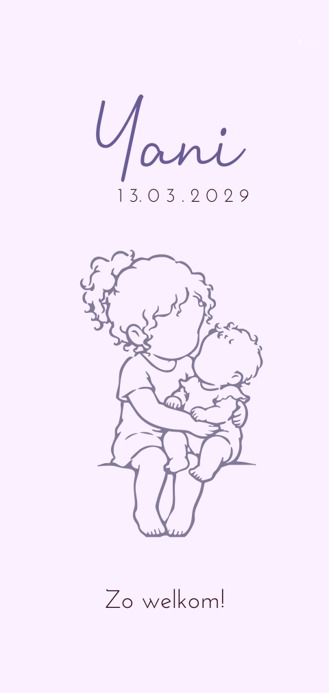 Lief geboortekaartje met grote zus en baby in lijntekening