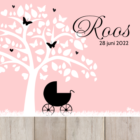 Roze geboortekaartje met silhouet van kinderwagen en boom
