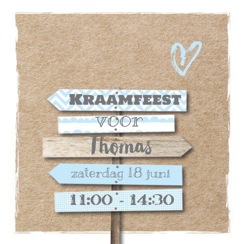 Kraam feest kaart met wegwijzerborden blauw
