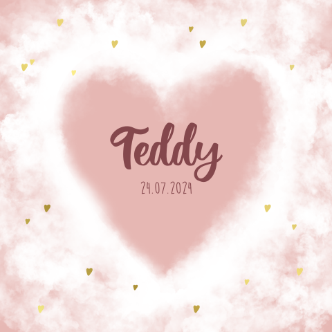 Geboortekaartje hart wolken goud roze