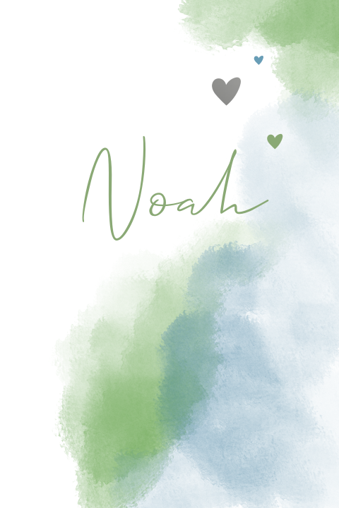 Geboortekaartje jongen hartjes en aquarel groen en blauw