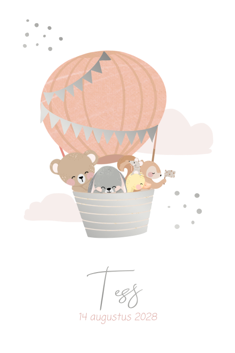 Lief meisjes geboortekaartje bosdiertjes in luchtballon