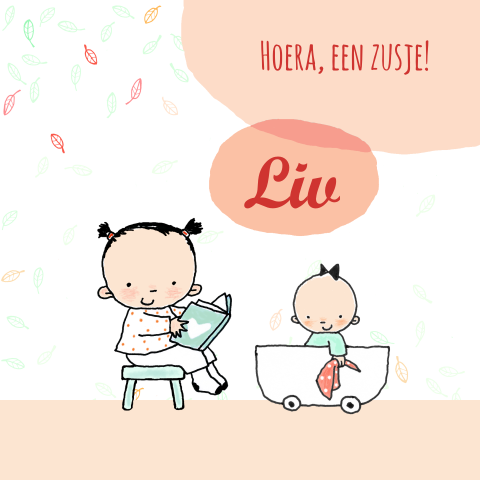 Lief geboortekaartje voor een baby zusje met getekende kindjes