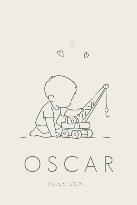 Geboortekaartje jongen speelt met hijskraan lijntekening