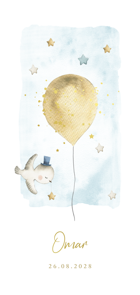 Geboortekaartje voor een jongen met vogel ballon en sterren