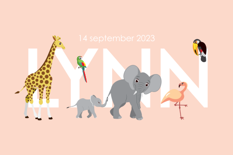 Geboortekaartje jungle dieren voor meisje en naam in het groot