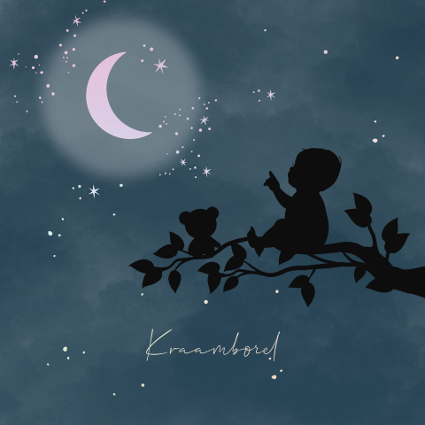 Uitnodiging kraamborrel winterliefde jongen op tak met maan en sterren