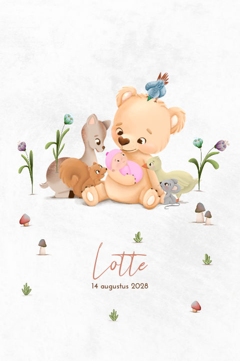 Schattig geboortekaartje meisje getekende bosdieren