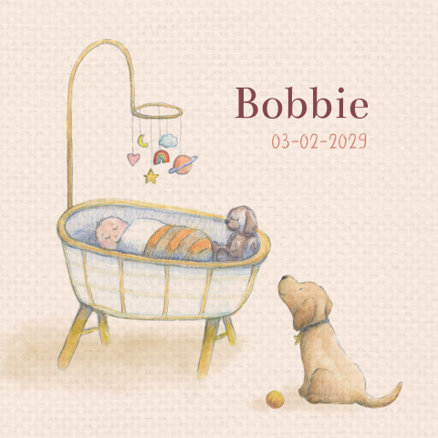 Neutraal geboortekaartje met baby in wieg en hond