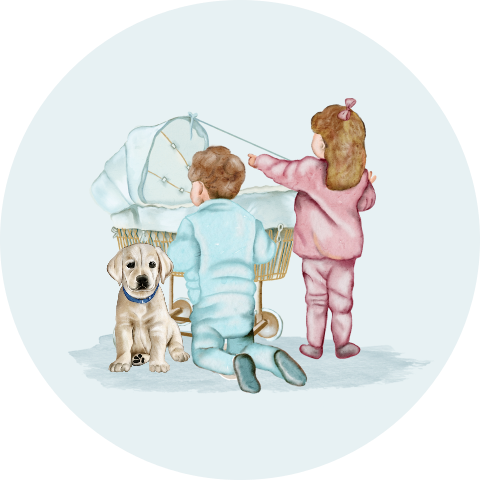 Sluitsticker zegel wiegje jongen met zusje en broertje en hond