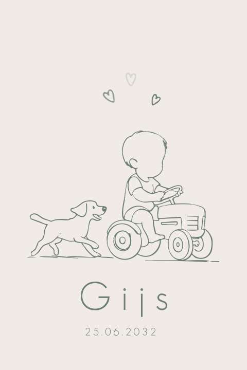 Lief geboortekaartje met jongen op traktor en labrador lijntekening