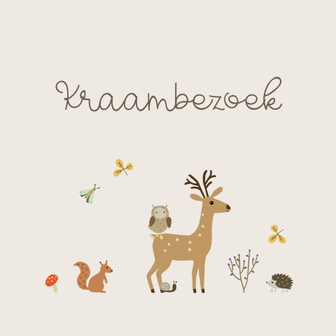 Een beige kraamborrel kaartje met bosdieren