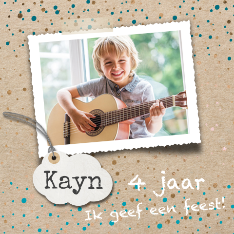 Uitnodiging 4e verjaardag jongen met confetti en kraft look