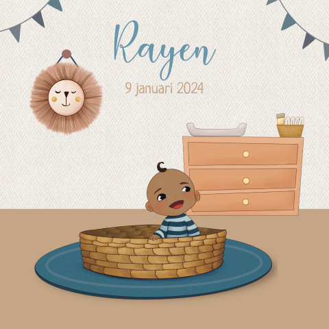 1e kindje geboortekaartje jongen in mandje en babykamer