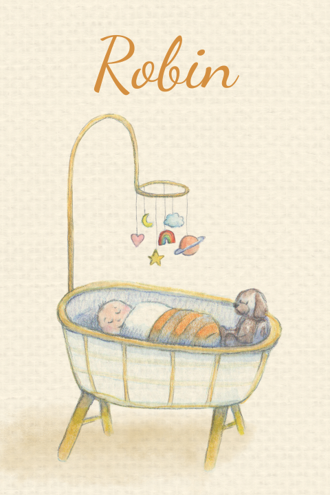 Neutraal geboortekaartje met baby in wieg en knuffelhond
