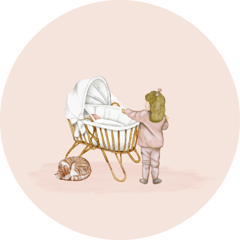 Sluitsticker zegel met wiegje zusje en kat