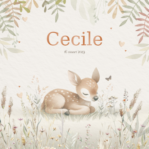 Geboortekaartje liggend hertje in zachte tinten