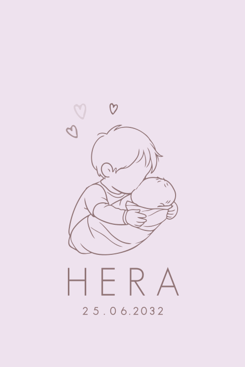 Lief geboortekaartje met grote broer die knuffelt en een kusje geeft