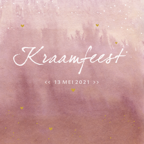 Kraamfeest uitnodiging met roze watercolor en hartjes