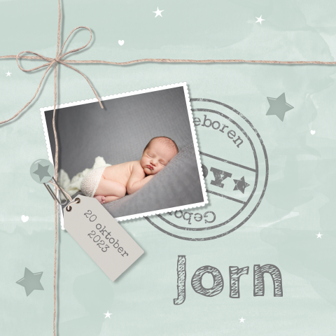 Stoere mintgroene geboortekaart met stempel