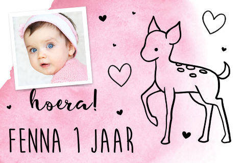 Lieve uitnodiging voor 1e verjaardag meisje met tekening van hertje