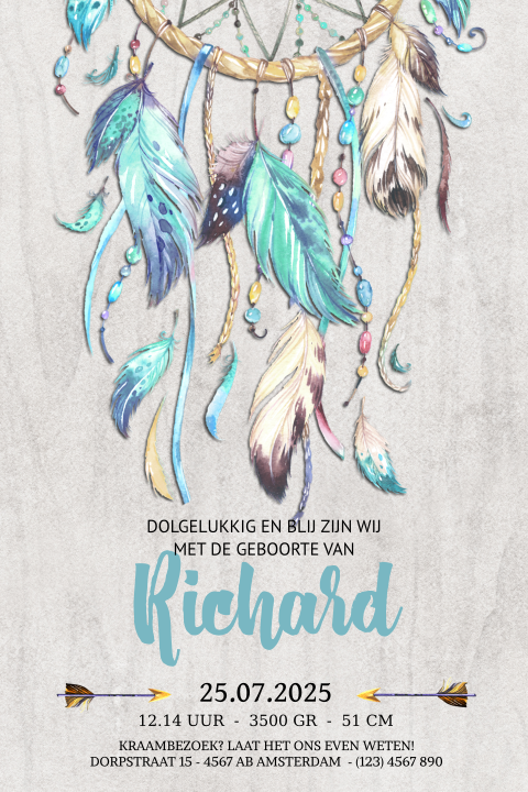 Geboortekaart jongen met dromenvanger bohemian blauw zeegroen