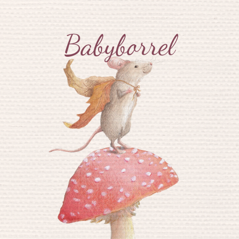 Zachtroze kraamborrelkaartje met een muisje op rode paddestoel