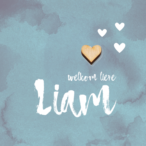 Geboortekaartje aquarel jongen echt houten hartje