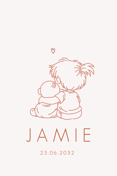 Lief geboortekaartje voor een meisje met grote zus in lijntekening