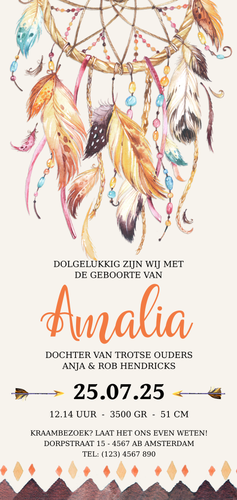 Geboortekaartje meisje dromenvanger bohemian met veren