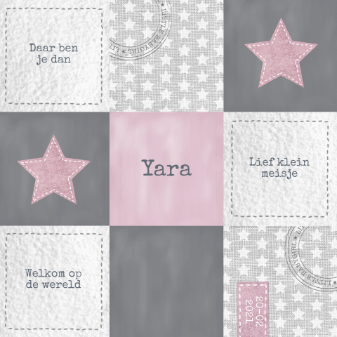 Stoer geboortekaartje voor meisje met sterren en vakjes 