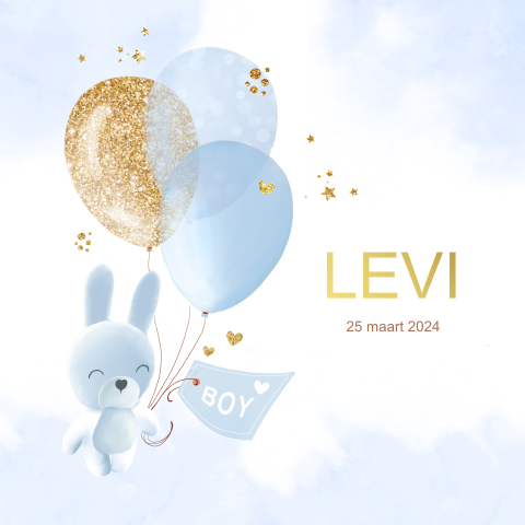 Lief geboortekaartje voor een jongen met konijn en ballonnen