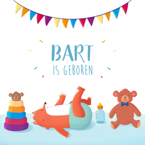 Lief geboortekaartje met een babyvos en slingers