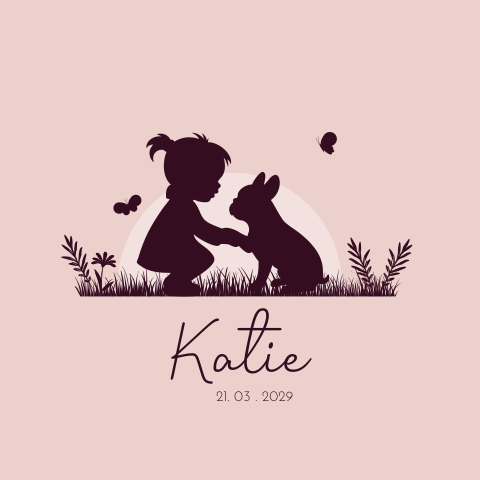 Lief geboortekaartje van een franse bulldog en een meisje in de natuur