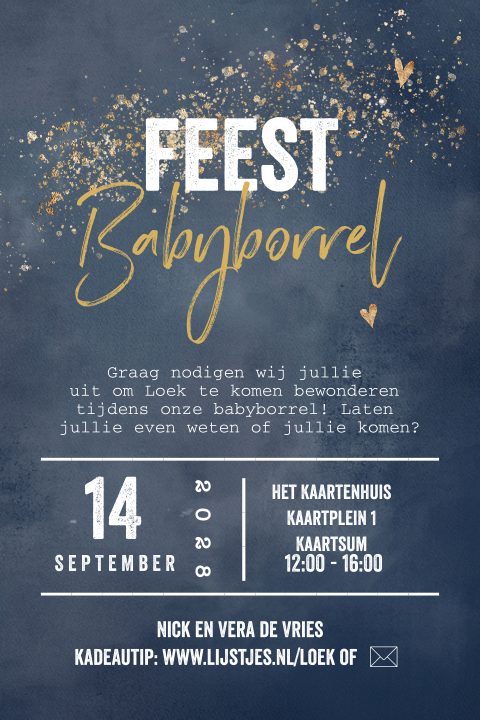 Kraamfeest babyborrel uitnodiging blauw met goud look